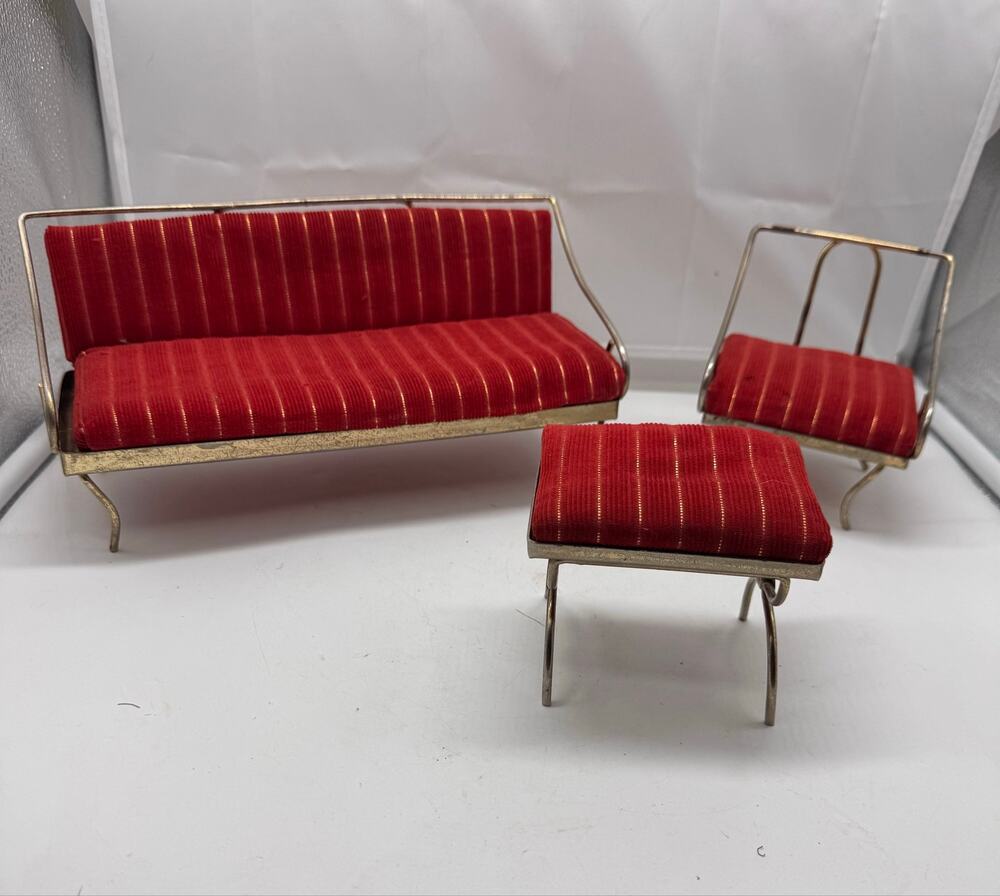 Vintage 1950s WATKO metal doll furniture red corduroy cushions - rare!